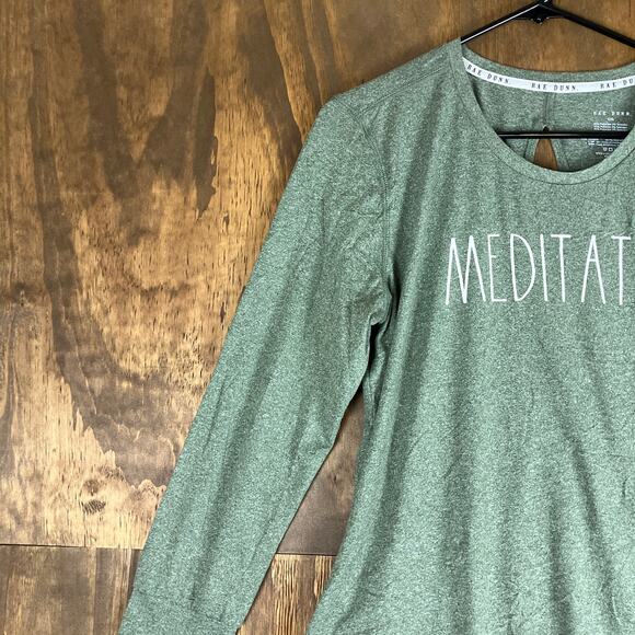 Rae Dunn Womens Shirt Green Meditate Eyelet Back Crew Neck Stretch Large - Picture 4 of 11